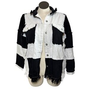 Black White Fringed Patchwork Denim Grunge Jacket Raw Hem Shacket Size M